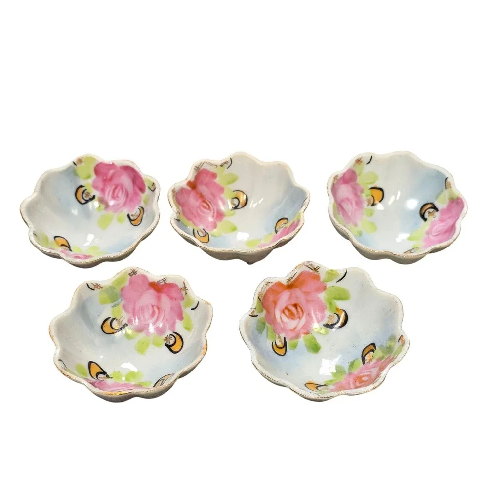 Vintage Japan Porcelain Nut Bowls Salt Cellars White Pink Rose Gold Rim Set of 5